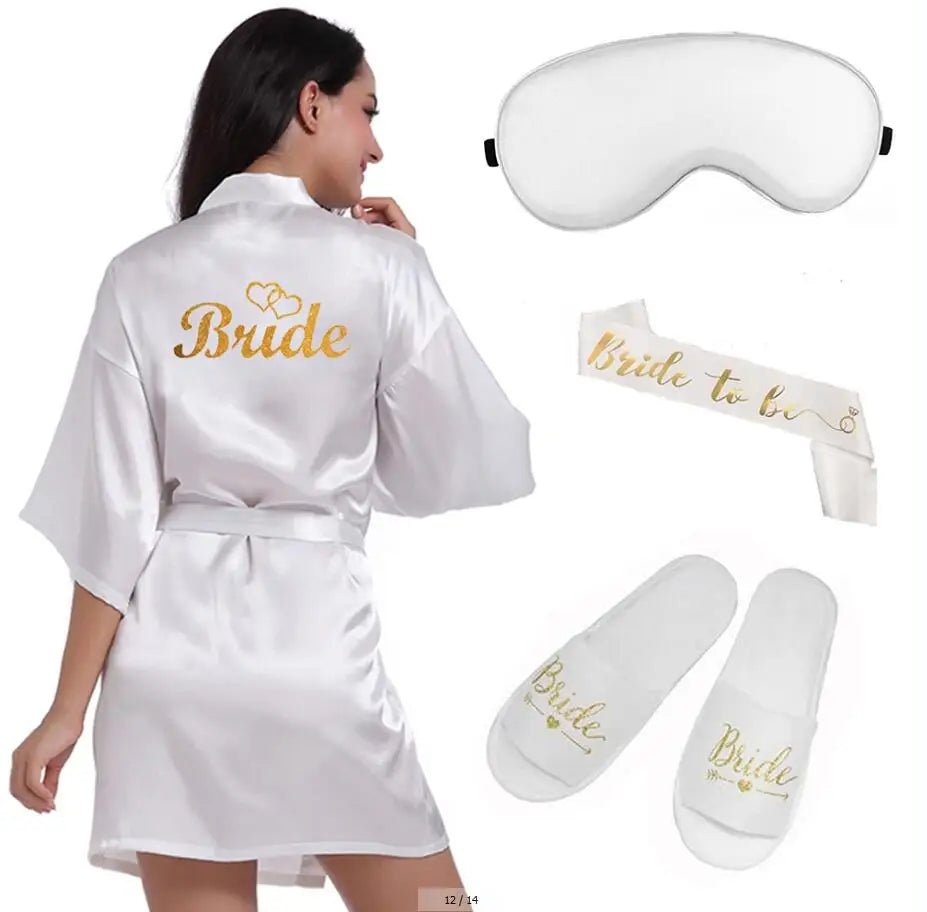 4pc set of glitter gold bride satin short bride robe slippers bridal sash peignoir women Bridal Party 2019 kimono robe
