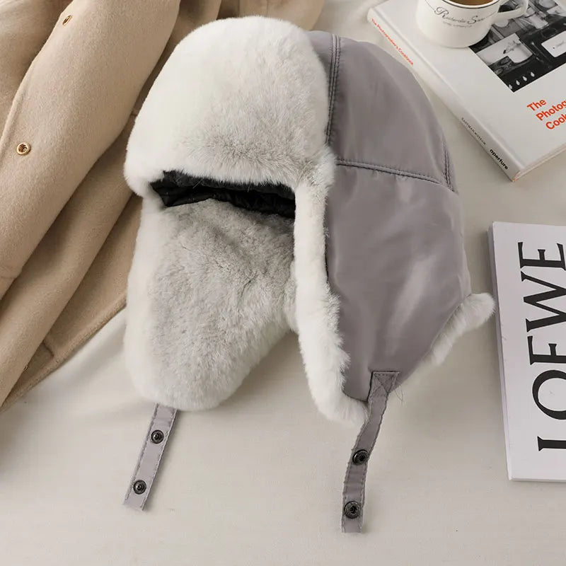 Fur Hat for Women Natural Rex Rabbit Fur Russian Ushanka Hats Winter Thick Warm Ears Fashion Bomber Cap