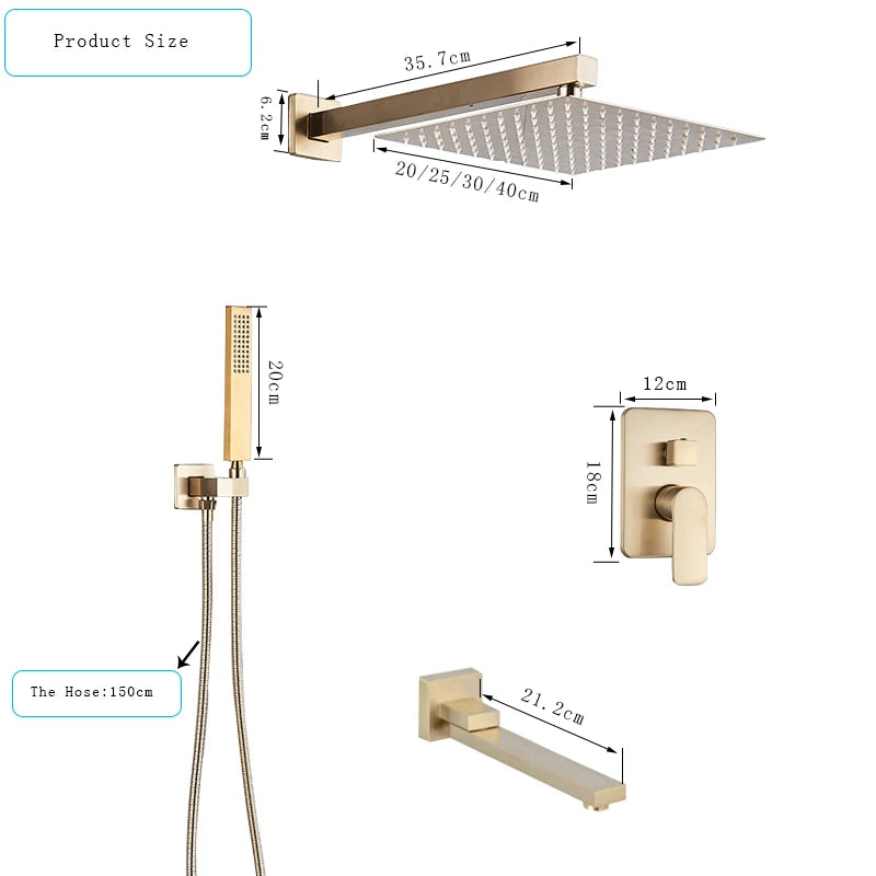 Wall Mounted Concealed Install Brushed Gold Shower Faucets Set Bathroom Shower System Shower Mixer Tap Rainfall