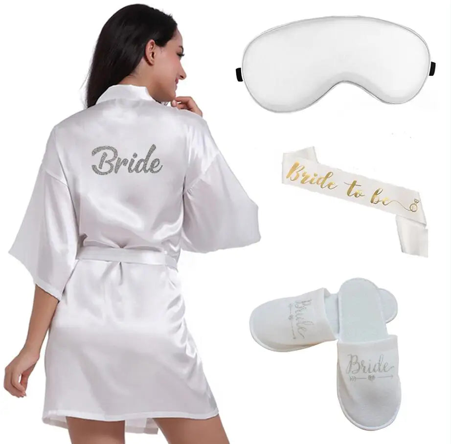 4pc set of glitter gold bride satin short bride robe slippers bridal sash peignoir women Bridal Party 2019 kimono robe
