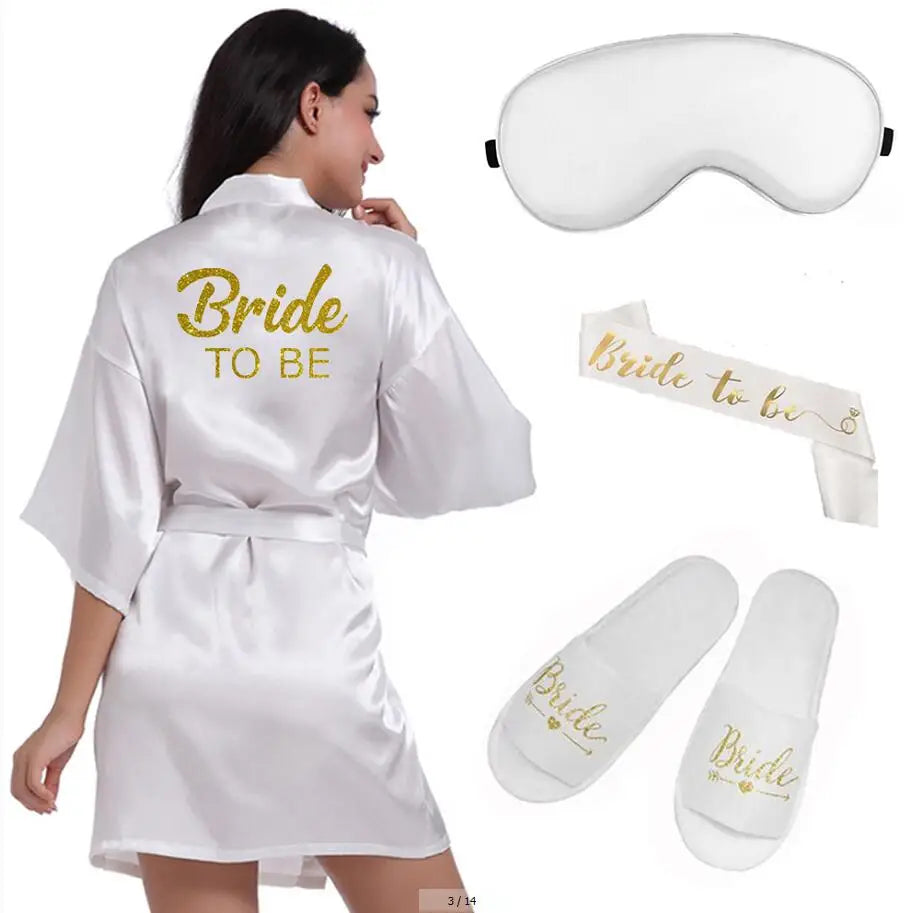 4pc set of glitter gold bride satin short bride robe slippers bridal sash peignoir women Bridal Party 2019 kimono robe