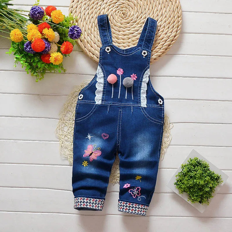 IENENS Baby Girls Overalls Kids Trousers Denim Dungarees Embroidery Butterfly Pants Toddler Infant Jumpsuit 0-4 Years Clothes