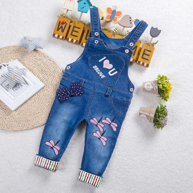 IENENS Baby Girls Overalls Kids Trousers Denim Dungarees Embroidery Butterfly Pants Toddler Infant Jumpsuit 0-4 Years Clothes