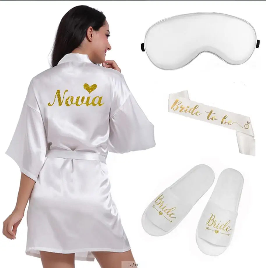 4pc set of glitter gold bride satin short bride robe slippers bridal sash peignoir women Bridal Party 2019 kimono robe