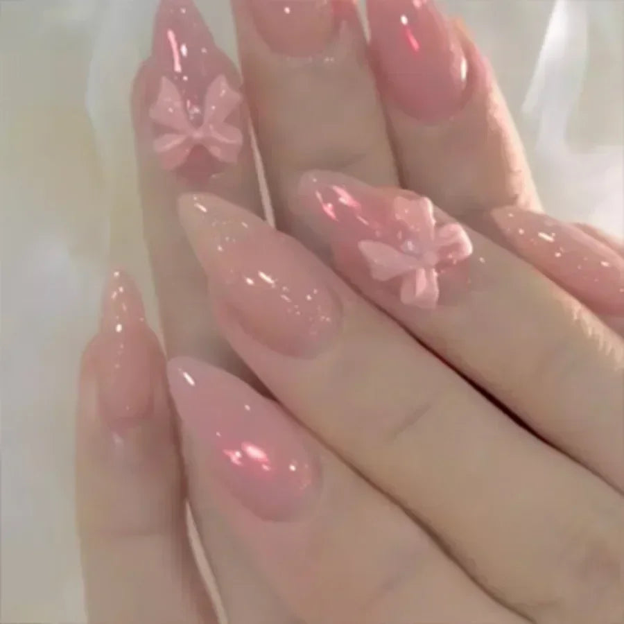 24Pcs Almond False Nails Cute Strawberries with French Design Simple White Wearable Fake Nails Decoration Press on Nail Tips Art