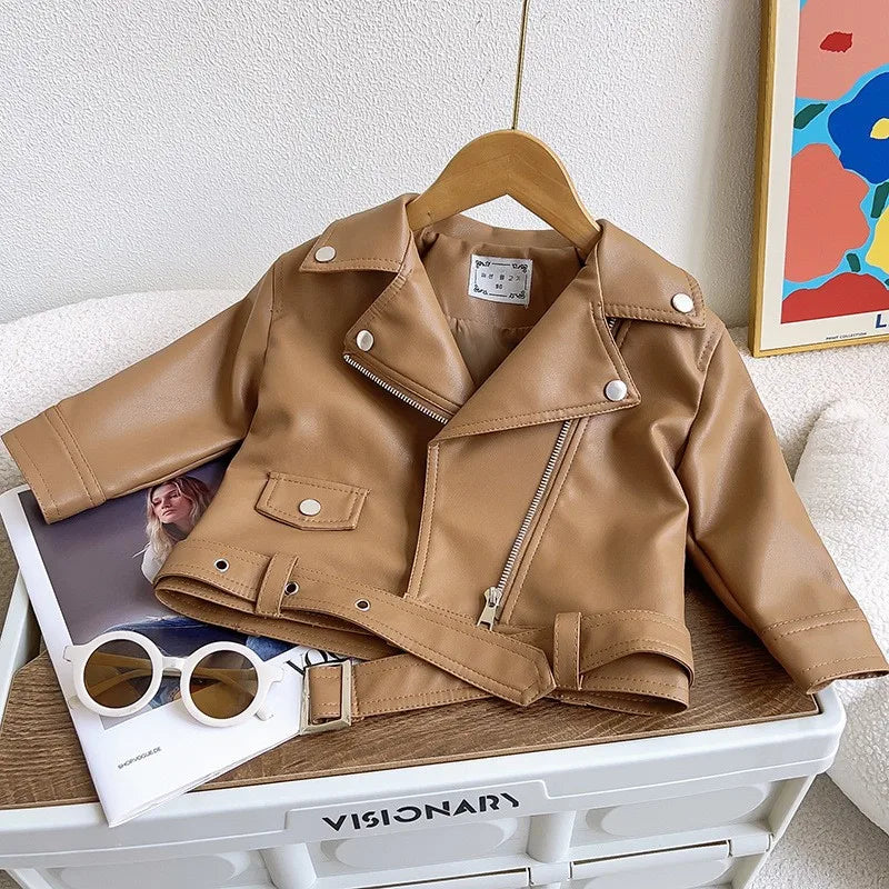 Autumn PU Leather Jackets Spring Kids Boys Girls Classics Handsome Lapel Zipper Outerwear Fly Coats Casual Clothing 1-8 Years