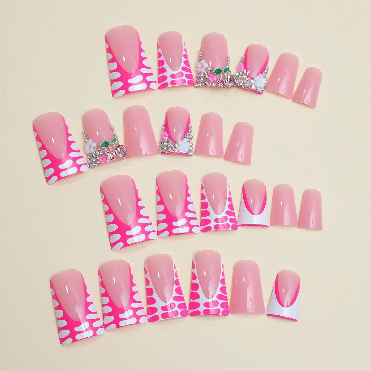 24Pcs French Fake Nails Pink Rhinestone Design False Nail Duckbill Shaped Wearable Manicure Full Cover Press on Nails for Women