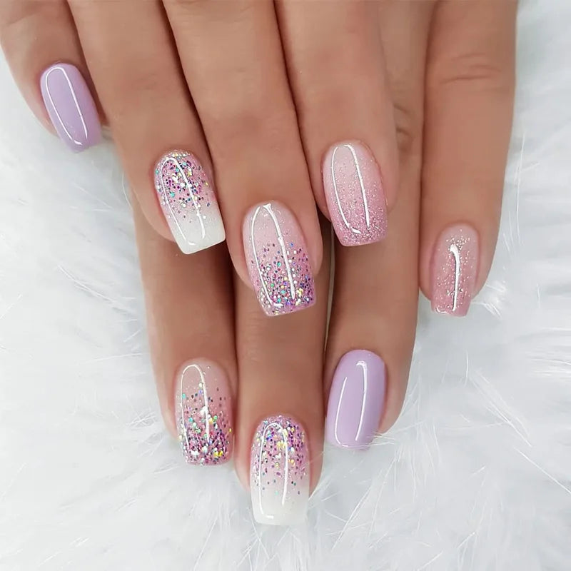 24Pcs Sweet Cool Press on Nails Short Square False Nail Gradient Glitter Line Fake Nails Full Cover Glossy Acrylic Manicure Nail