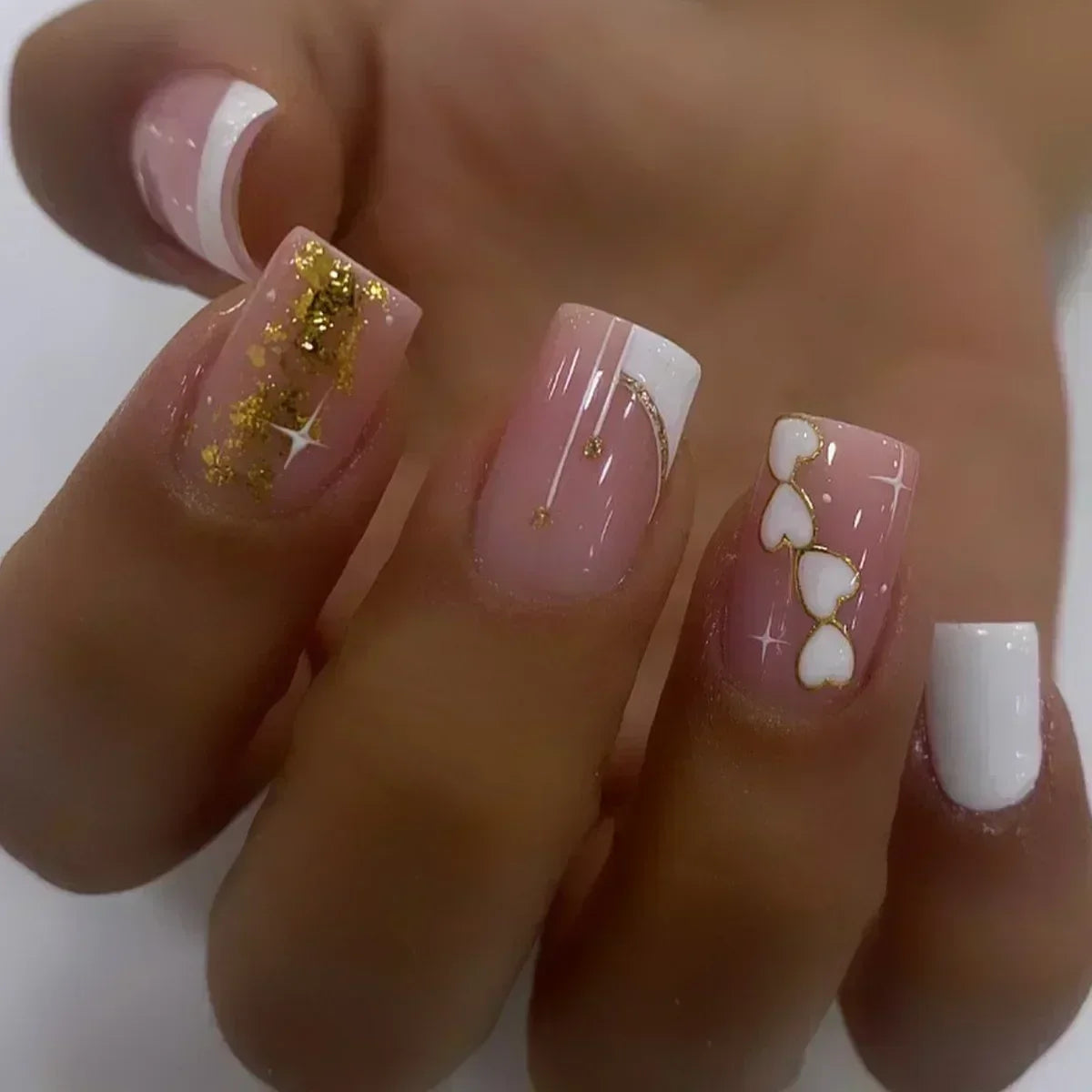 24Pcs Short Square French False Nails with Flower Shiny White Edge Design Pink Glitter Fake Nails Full Cover Press on Nails Tips