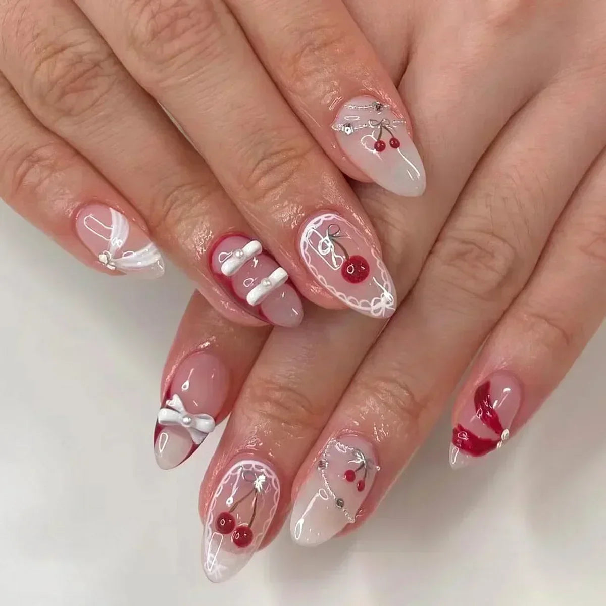 24Pcs Almond False Nails Cute Strawberries with French Design Simple White Wearable Fake Nails Decoration Press on Nail Tips Art