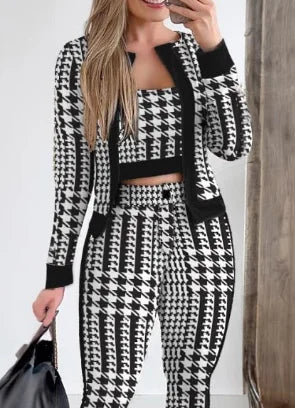 Sets Outifits Women Spring Autumn 3 Piece Set Plaid Print Crop Top & Pants Set With Coat Fashion Casual Elegant