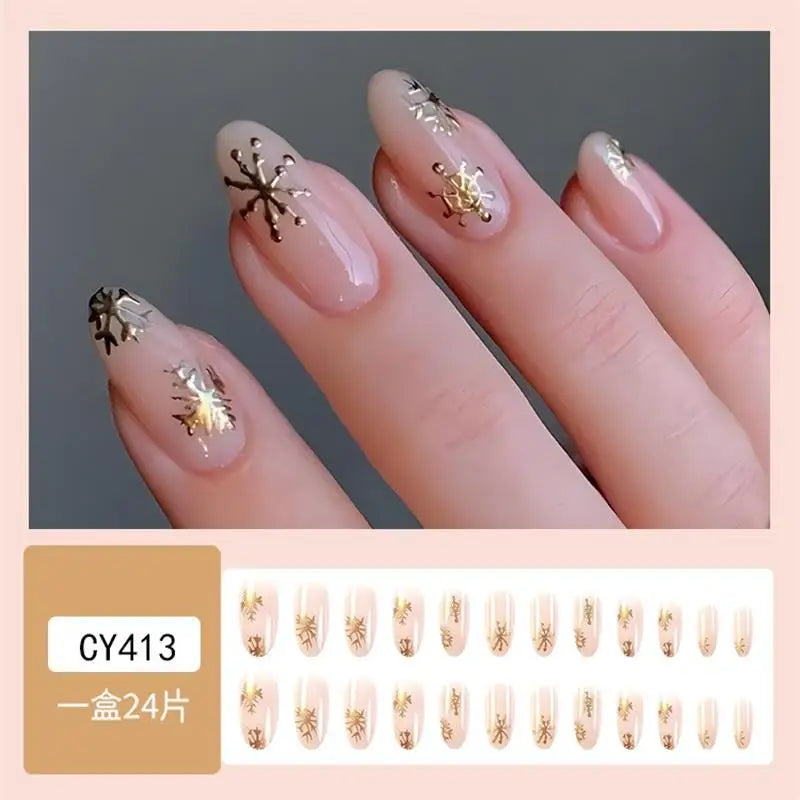 24pcs Glossy Short Ballet Fake Nails Christmas Red Press On Nails With White Snowflake Stripe Design Glitter French False Nails*