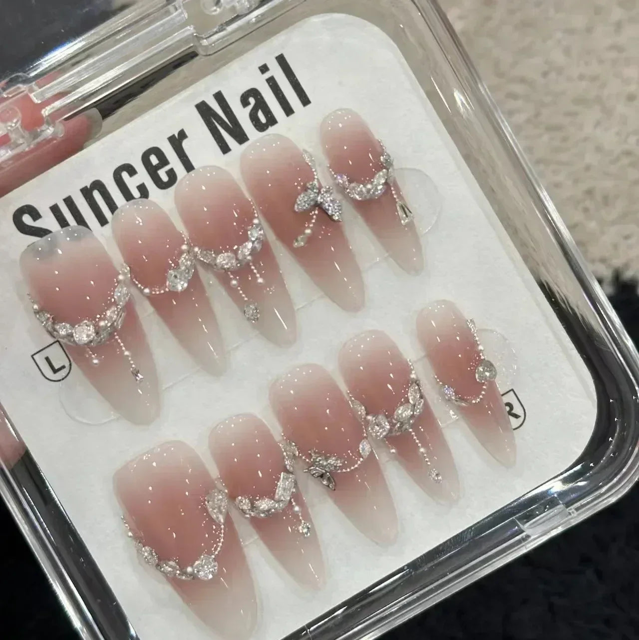 10Pcs Full Cover Butterflies Rhinestones Design Pink Almond