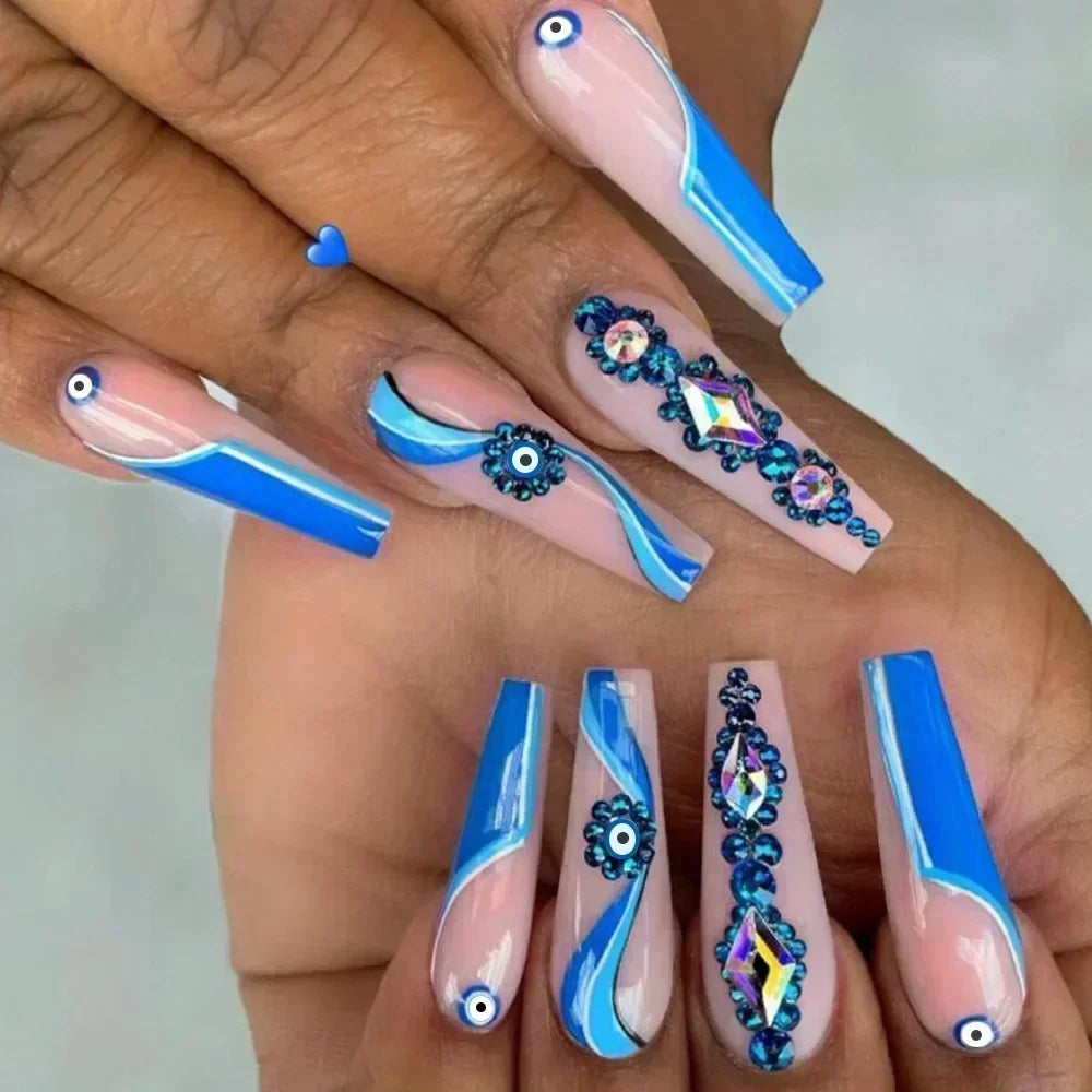 24Pcs Black Ballet False Nails Long Coffin Nail Tips Detachable Press on Nails DIY Manicure Colorful Eyes Designs Fake Nails