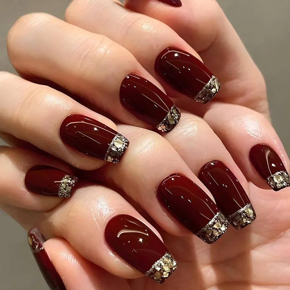 24Pcs Sweet Cool Press on Nails Short Square False Nail Gradient Glitter Line Fake Nails Full Cover Glossy Acrylic Manicure Nail