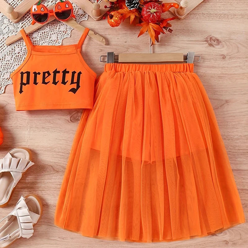 5-14 Years Teenagers Girls Clothing Sets Summer New Cotton Fashion Top + Mesh Skirt Two Piece Set