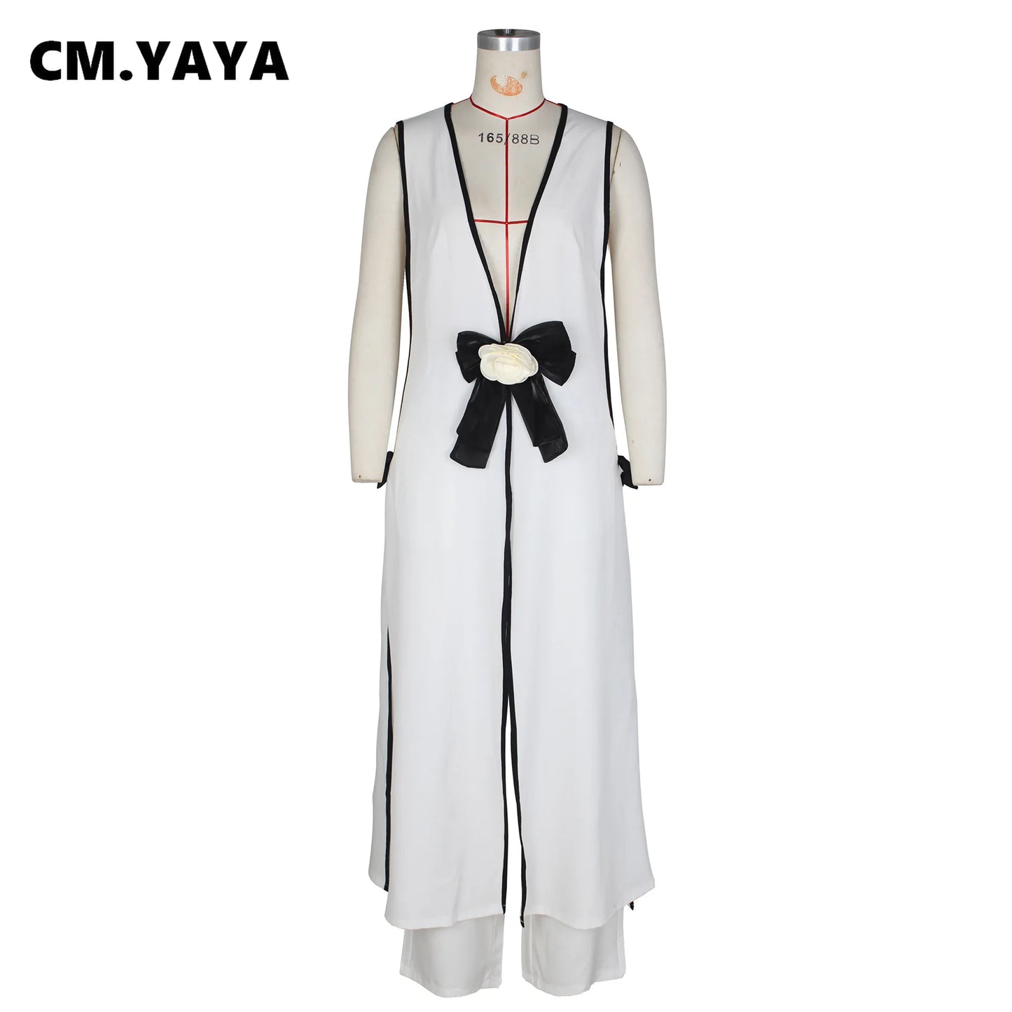 3D Flower Sleeveless V-neck X-long Shirt Coats + Wide Leg Pants Fashion