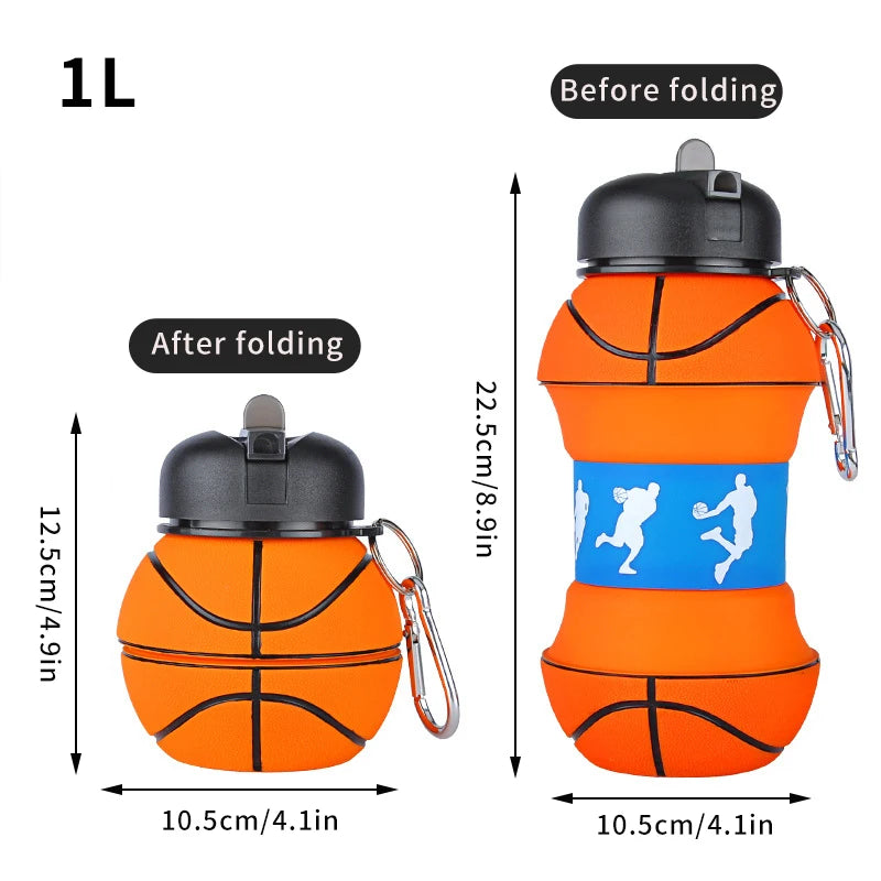 1 Liter Foldable Football Kids Water Bottles Portable Sports Water Bottle Football Soccer Ball Shaped Water Bottl Silicone Cup