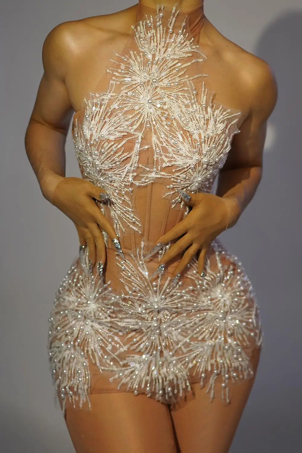 Sparkly Rhinestones Pearls Snow Short Dress