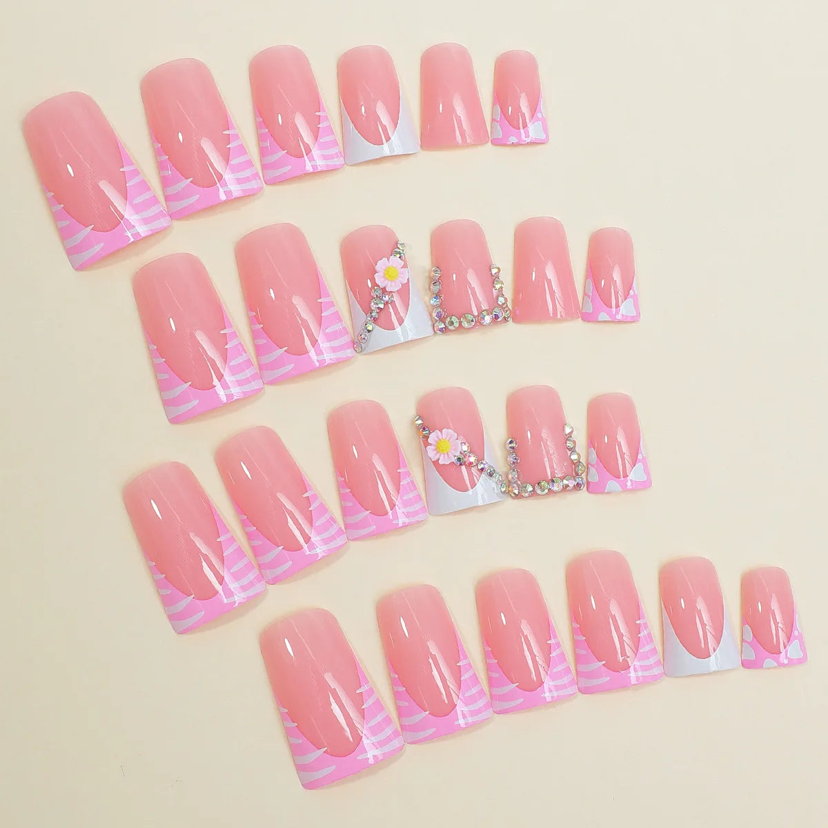 24Pcs French Fake Nails Pink Rhinestone Design False Nail Duckbill Shaped Wearable Manicure Full Cover Press on Nails for Women