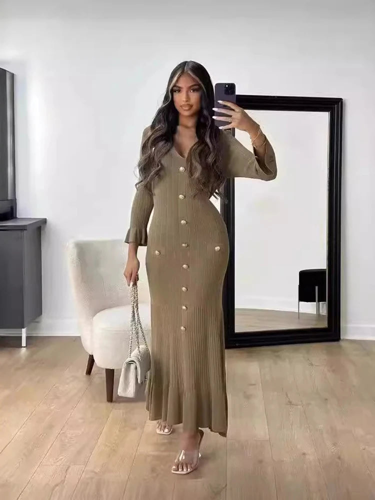 Elegant Knitted Long Dress Women Flare Sleelve V Neck Ruffles