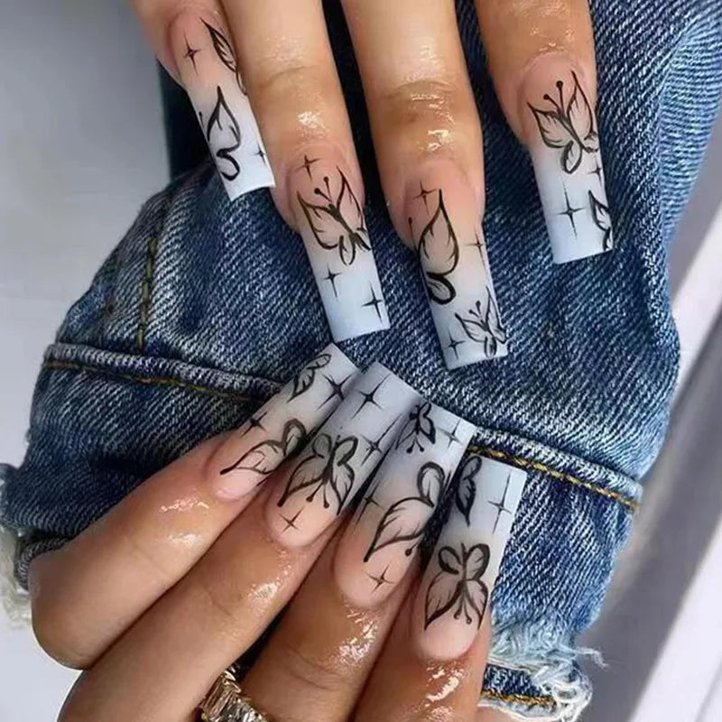 24Pcs Purple Butterfly Coffin Nails Set Press on Long Ballet False Nails with Rhinestone Wearable French Fake Nail Manicure Tips
