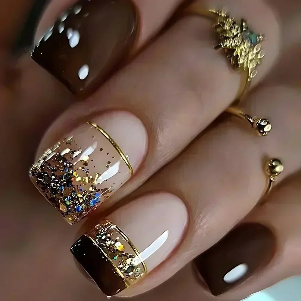 24Pcs Sweet Cool Press on Nails Short Square False Nail Gradient Glitter Line Fake Nails Full Cover Glossy Acrylic Manicure Nail