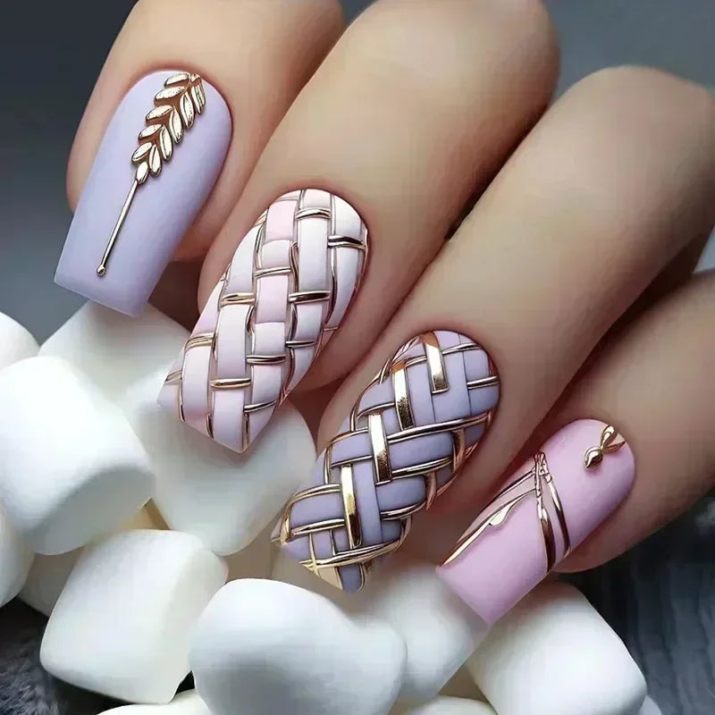 24Pcs Sweet Cool Press on Nails Short Square False Nail Gradient Glitter Line Fake Nails Full Cover Glossy Acrylic Manicure Nail