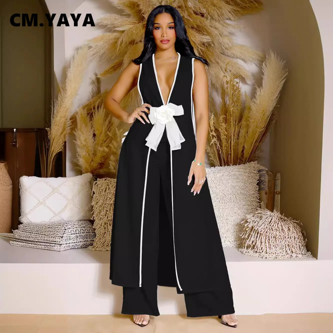 3D Flower Sleeveless V-neck X-long Shirt Coats + Wide Leg Pants Fashion