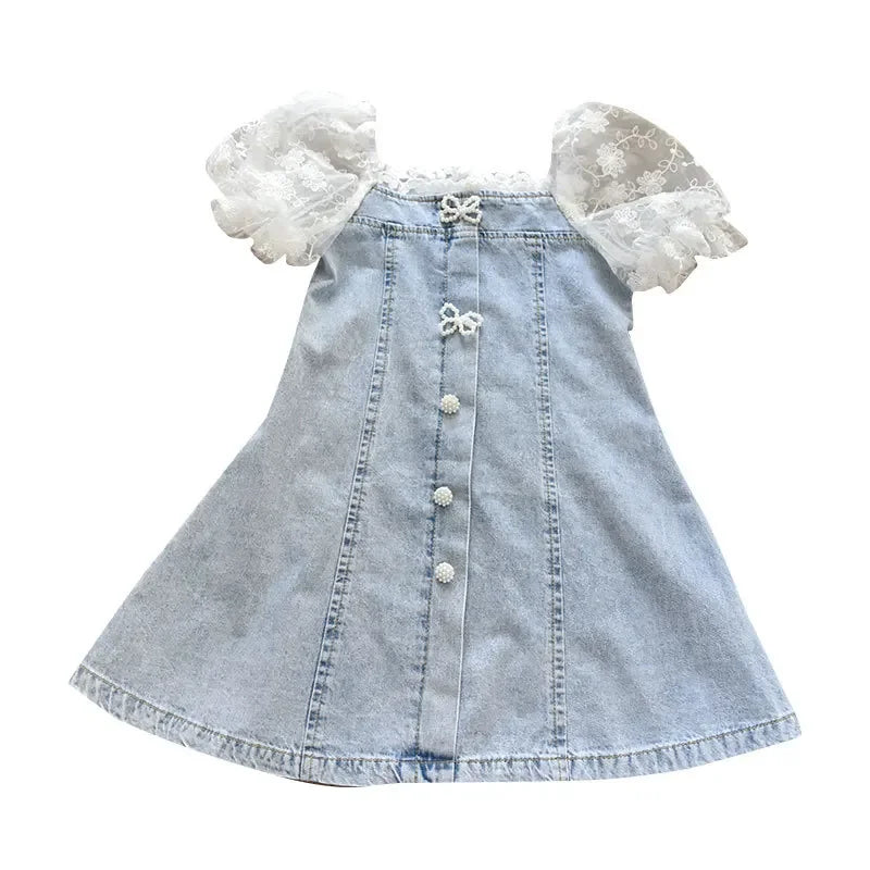Children Girls Beads Lace Sleeve Denim Dress Toddler Fashion Summer Dresses