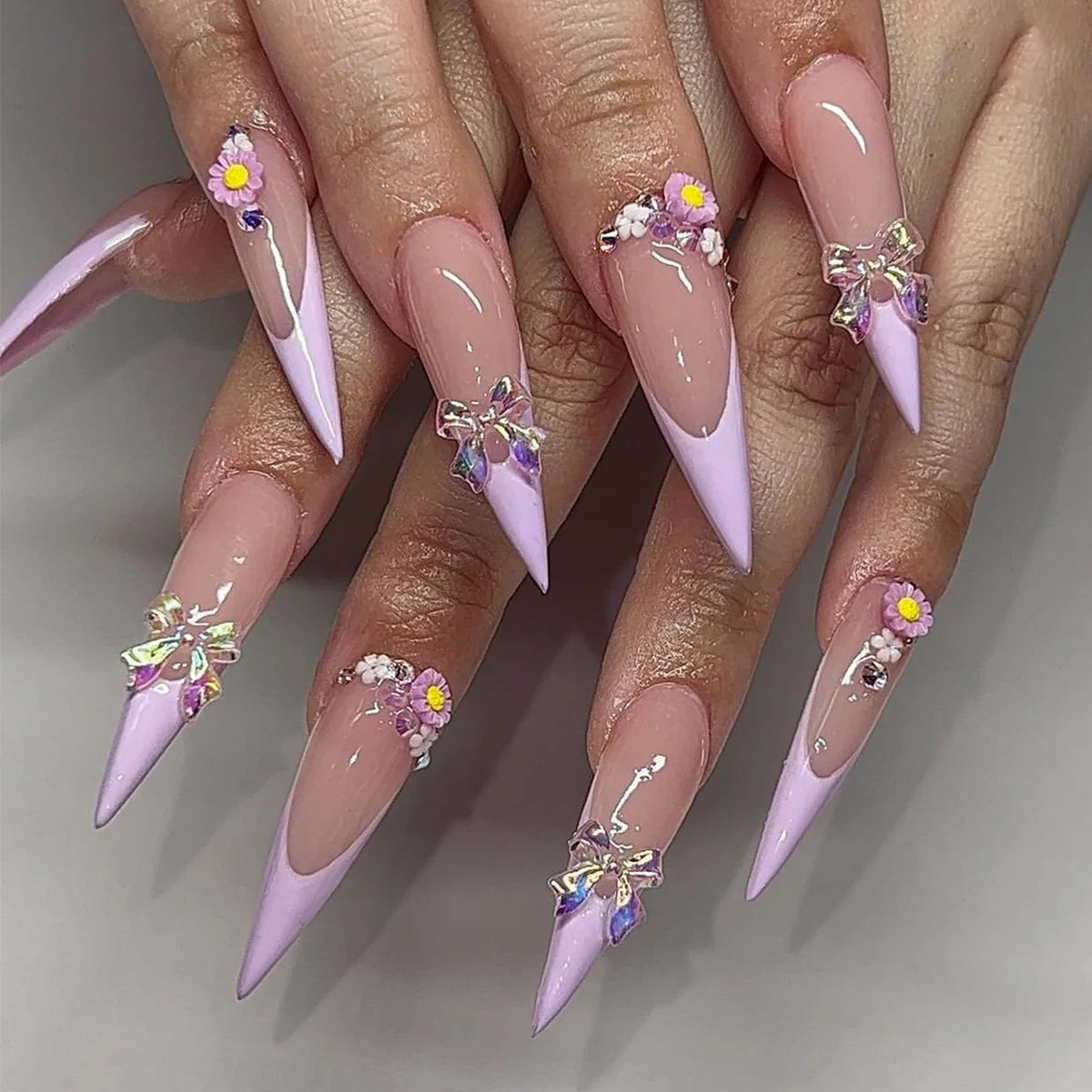 24Pcs Long Stiletto Almond Head Fake Nails with Rhinestone Design Wearable Pink French Press on False Nails Jelly Stick-ons