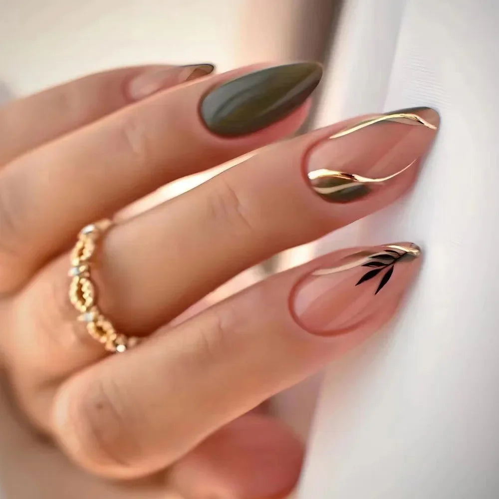 24Pcs Mid-length False Nails with Almond Head Design Brown Gold Lines Fake Nails Oval Wearable French Press on Nail Tips