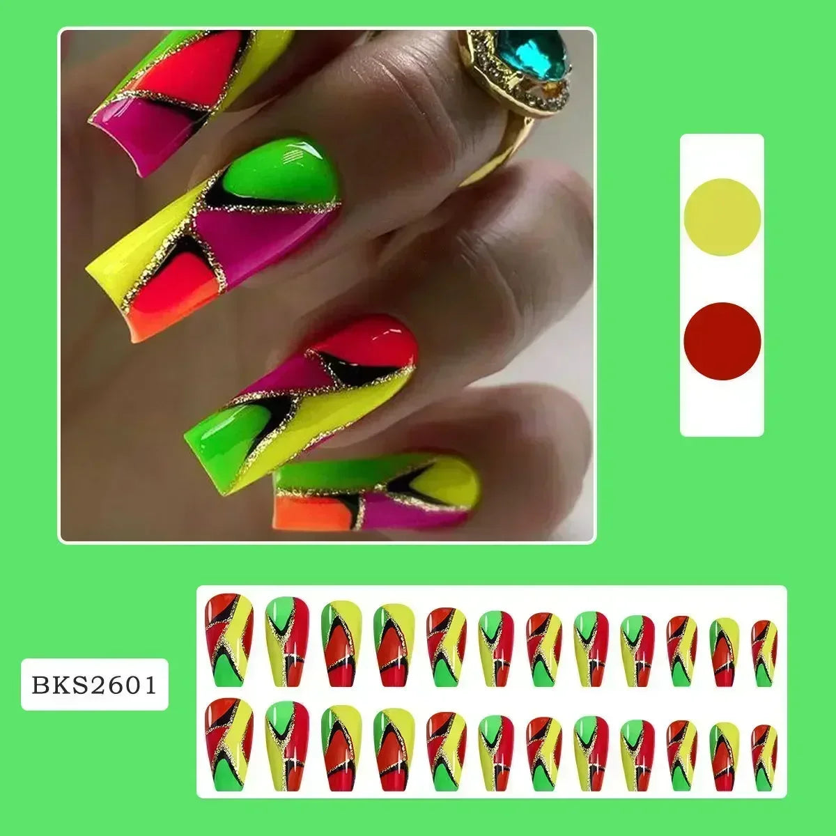 24Pcs Black Ballet False Nails Long Coffin Nail Tips Detachable Press on Nails DIY Manicure Colorful Eyes Designs Fake Nails