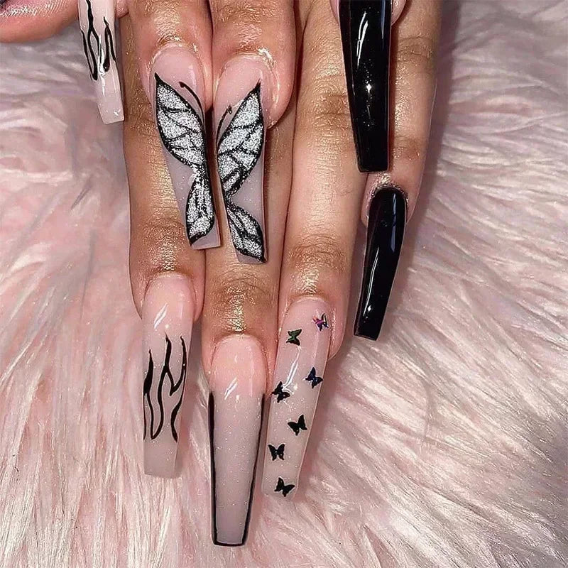 24Pcs Black Ballet False Nails Long Coffin Nail Tips Detachable Press on Nails DIY Manicure Colorful Eyes Designs Fake Nails