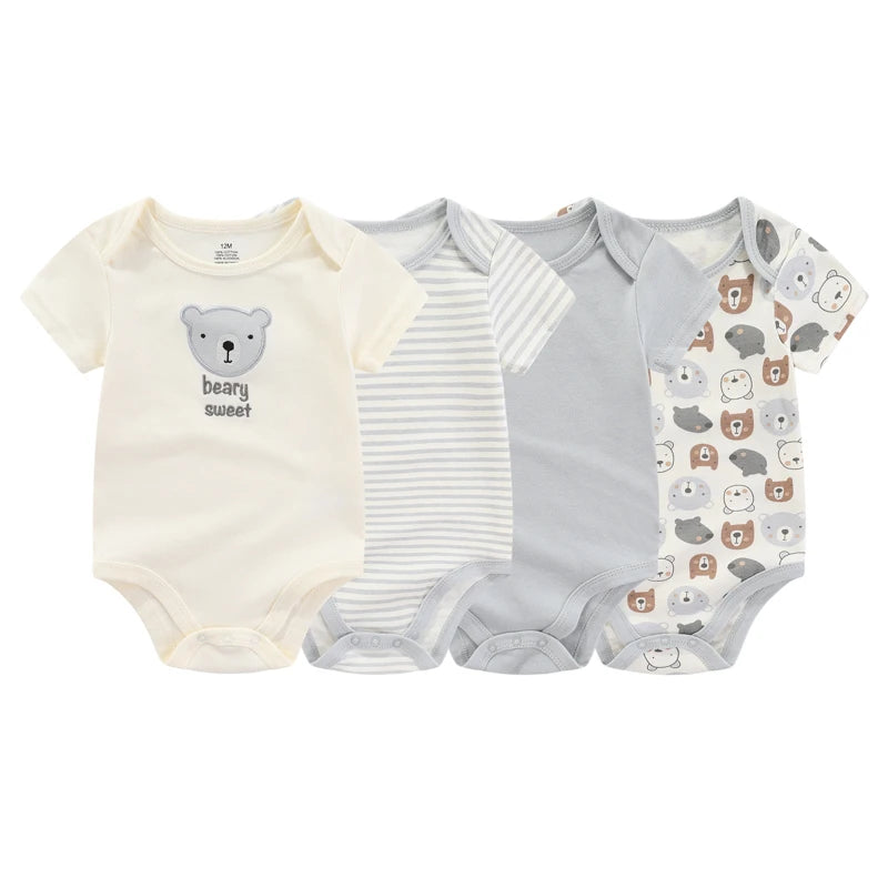 4/5PCS Cotton Bodysuits Print Newborn Baby Girl Clothes Short Sleeve Cartoon Baby Boy Clothes Set Solid Color Summer Bebes