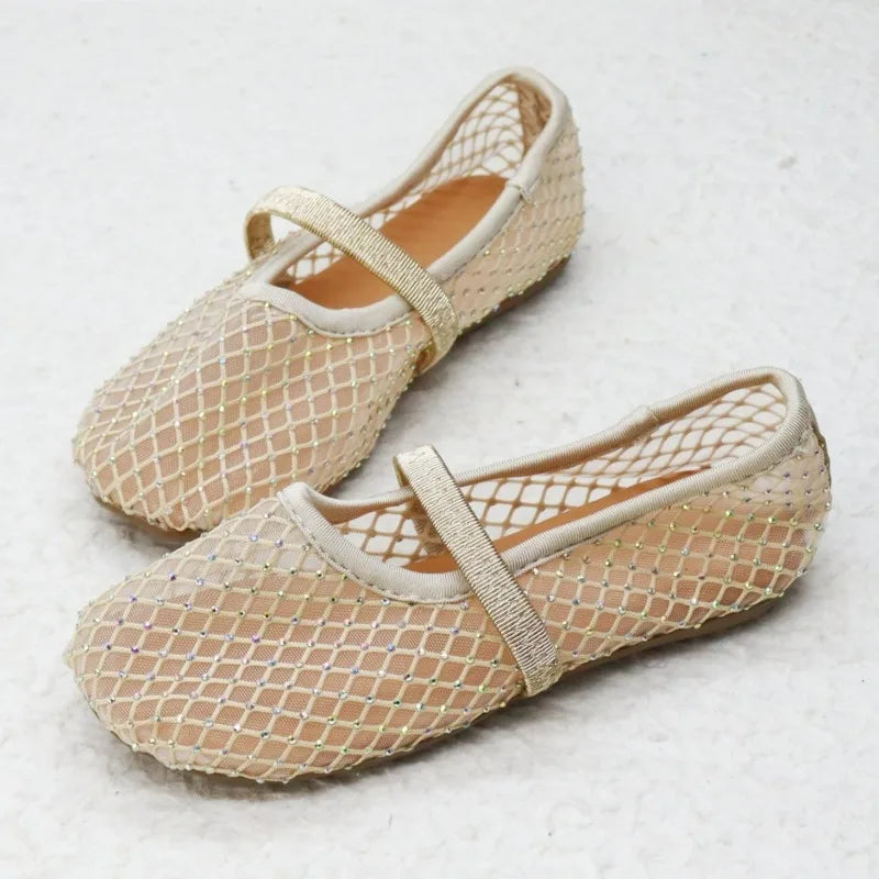 Luxury Lace Mesh Ballet Flat Kid Girls Elegant Brand Design Rhinestones Covered Fishnet Ballerina Shoes Children Dress Zapatos