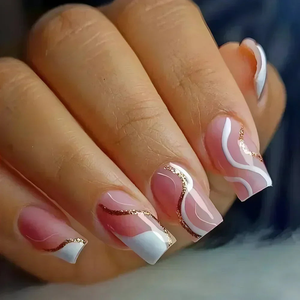 24Pcs Short Square French False Nails with Flower Shiny White Edge Design Pink Glitter Fake Nails Full Cover Press on Nails Tips