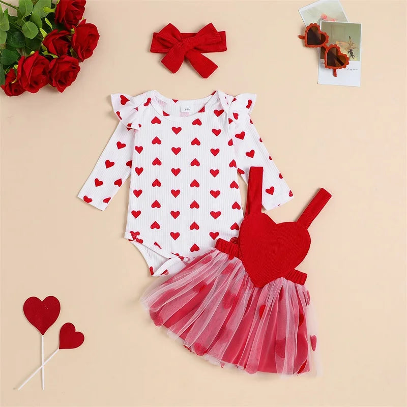 Toddler Baby Girl Valentine's Day Outfits Heart Print Long Sleeve Romper Suspender Skirts Headband