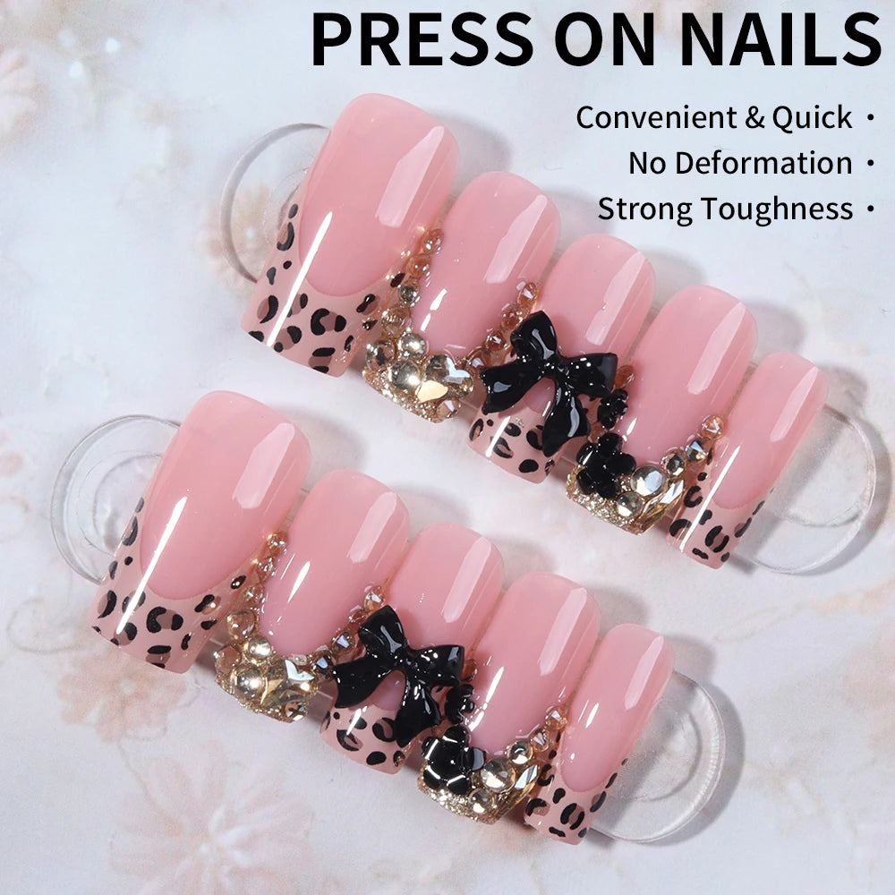24pcs long square nail, flash diamond jewelry, black ribbon decoration, leopard print fake nail black flower press On nail