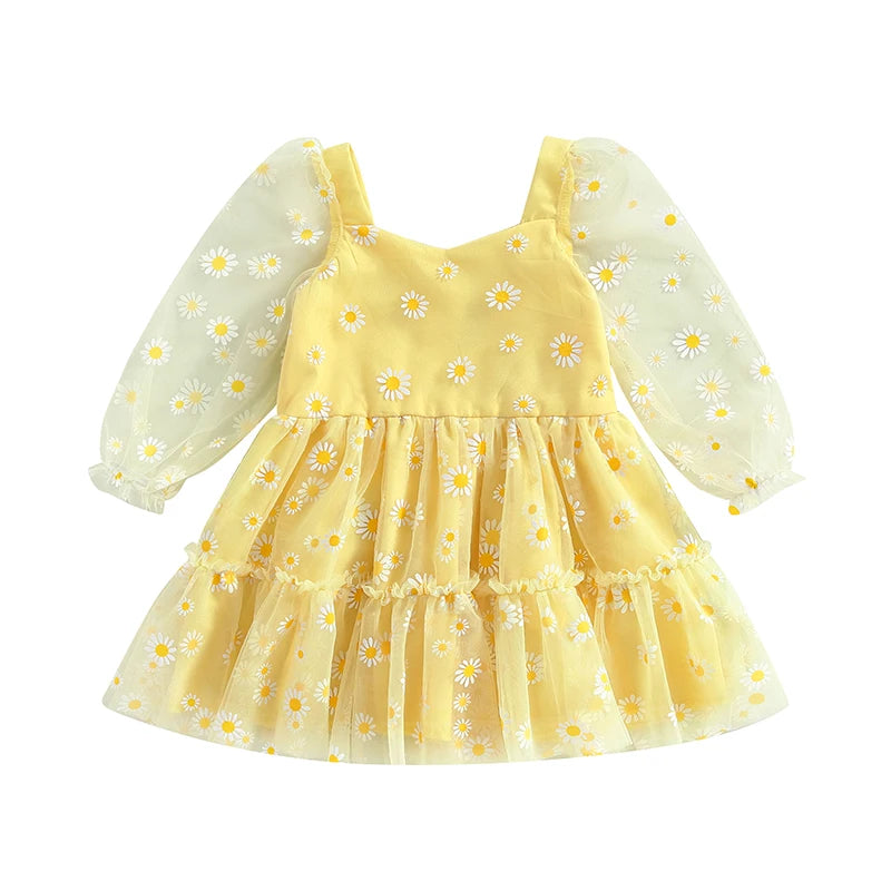 0-3 Years Toddler Baby Girls Princess Tutu A-Line Dress Cute Daisy Print Fall Long Sleeves Lace Ruffle Mesh Tulle Party Dress