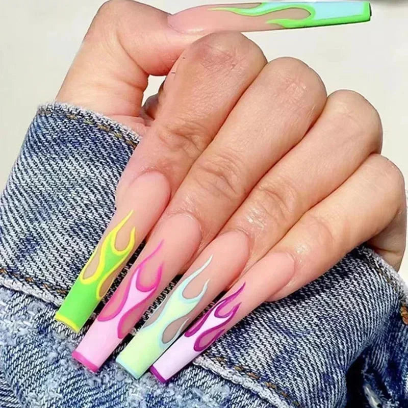 24Pcs Black Ballet False Nails Long Coffin Nail Tips Detachable Press on Nails DIY Manicure Colorful Eyes Designs Fake Nails