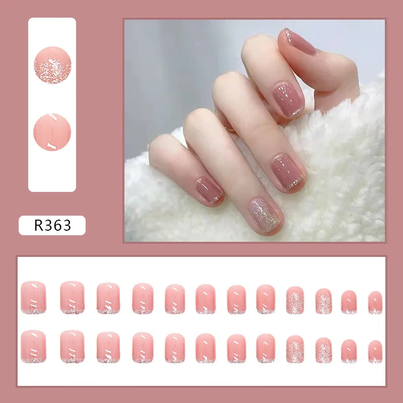 Sweet Mountain Tea Wearable Pink Press On Fake Nails Tips With Glue false nails design Butterfly Lovely Girl false nails