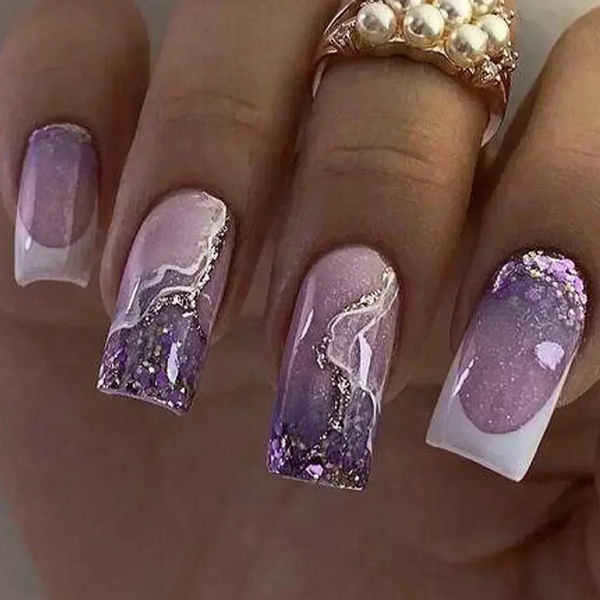 24Pcs Sweet Cool Press on Nails Short Square False Nail Gradient Glitter Line Fake Nails Full Cover Glossy Acrylic Manicure Nail