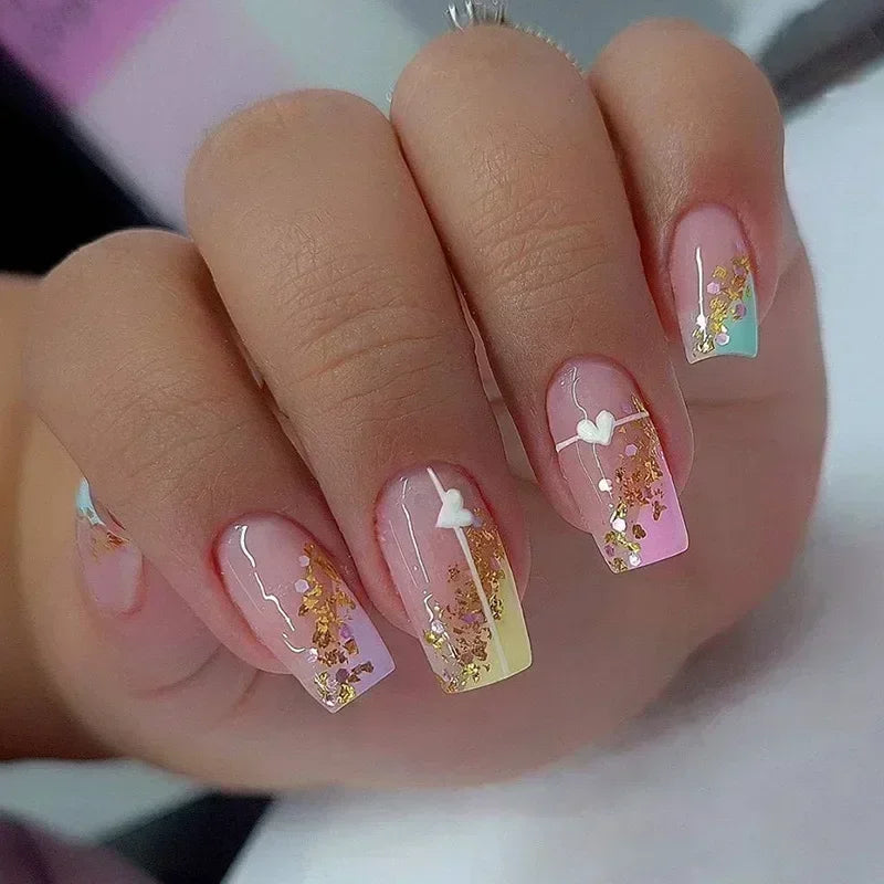 24Pcs Short Square French False Nails with Flower Shiny White Edge Design Pink Glitter Fake Nails Full Cover Press on Nails Tips