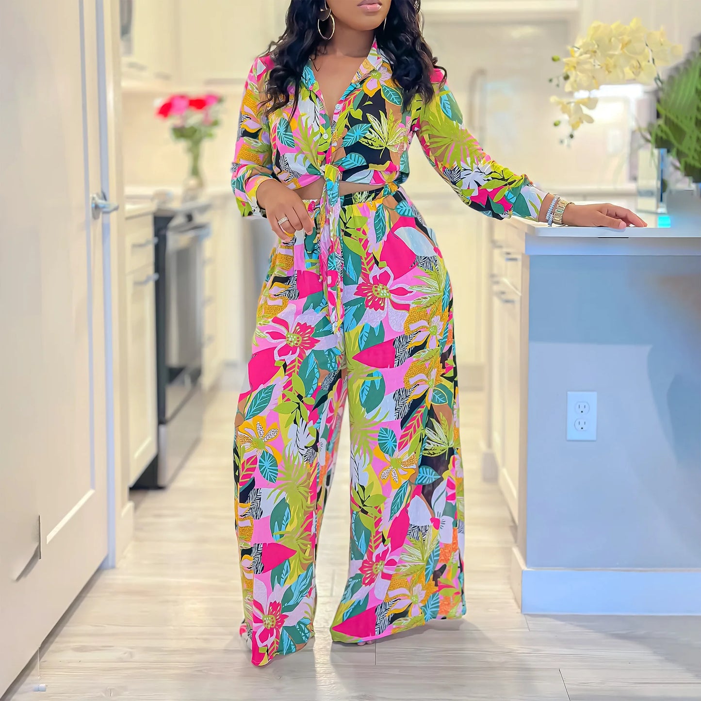 New Long Sleeved Printed Suit For Women Fashion Lapel Single Breasted Shirt Wide Leg Trousers Two Piece Set