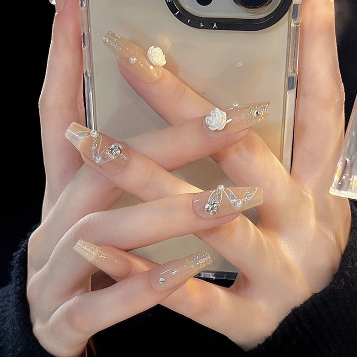 Luxury Ladies 24Pcs/Set Super Long Square French Leopard Print Pink Bow Heart Decoration Wearable Fake Nail Press on Nail Art