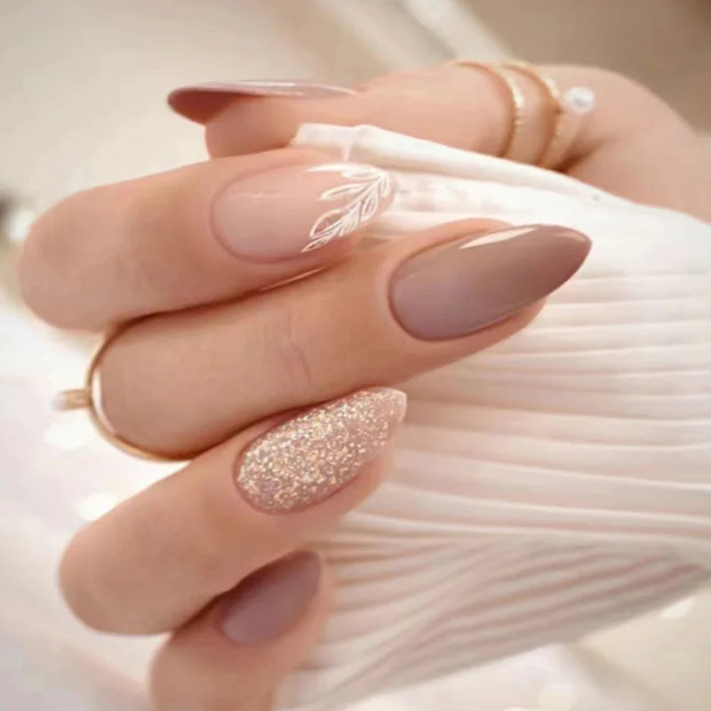 24Pcs Mid-length False Nails with Almond Head Design Brown Gold Lines Fake Nails Oval Wearable French Press on Nail Tips
