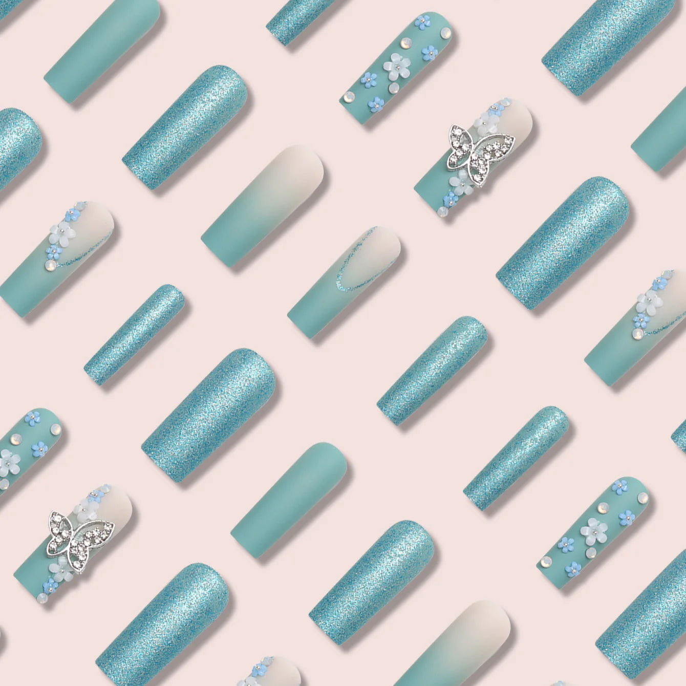 24 Pieces of Long Coffin Shaped Blue Glitter and Gradient Pattern 3D Butterfly Dot Diamond Frosted Fake Nails Summer Series