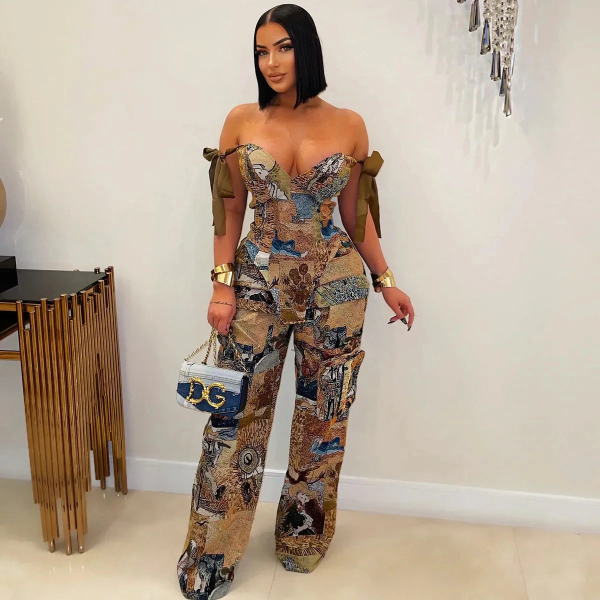 Oil Painting Printed Women's Set Lace Up Back Crop Top and Pants Suit