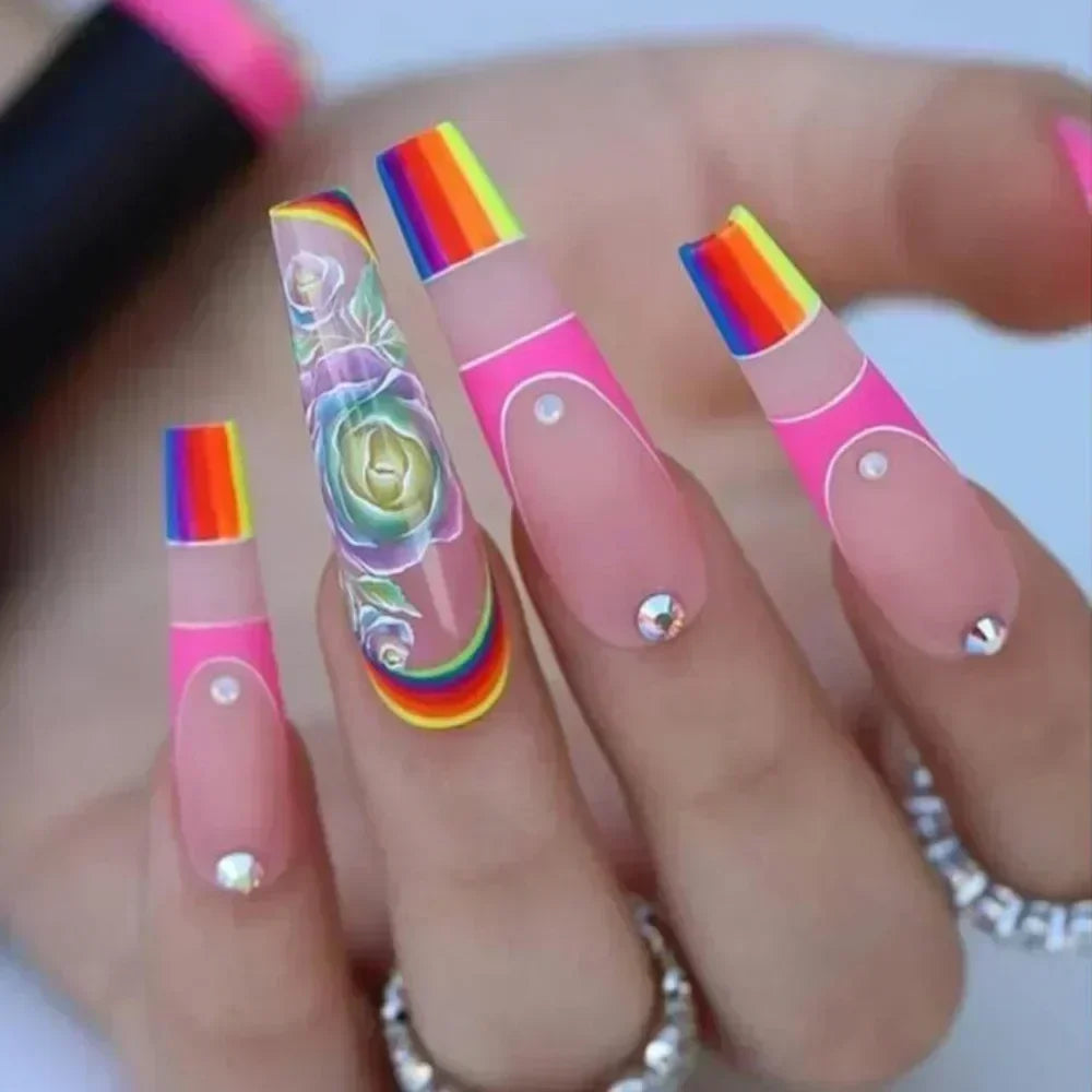 24Pcs Black Ballet False Nails Long Coffin Nail Tips Detachable Press on Nails DIY Manicure Colorful Eyes Designs Fake Nails